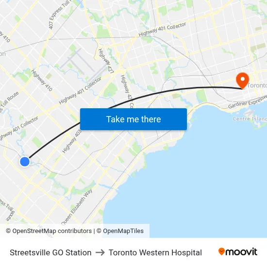 Streetsville GO Station to Toronto Western Hospital map
