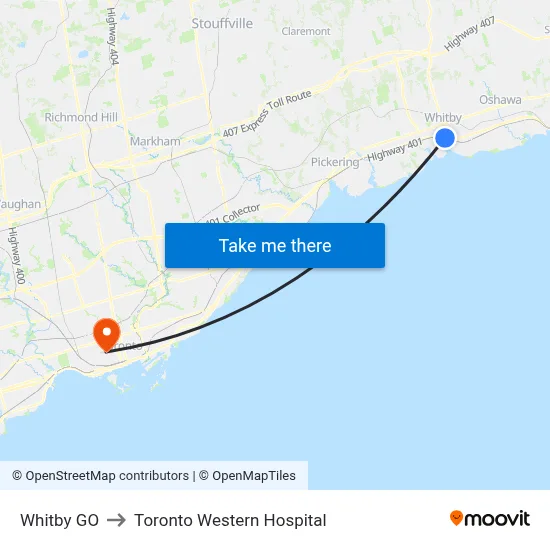 Whitby GO to Toronto Western Hospital map