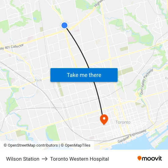 Wilson Station to Toronto Western Hospital map