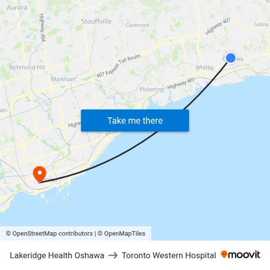 Lakeridge Health Oshawa to Toronto Western Hospital map