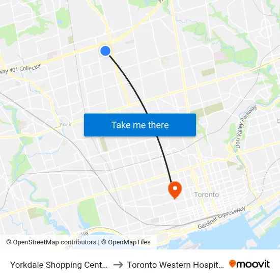 Yorkdale Shopping Centre to Toronto Western Hospital map