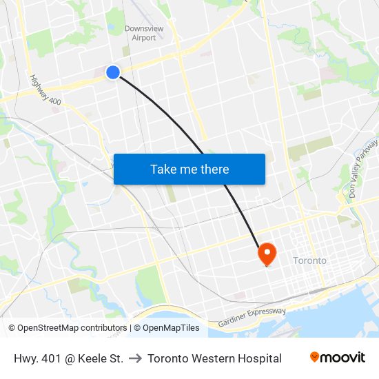 Hwy. 401 @ Keele St. to Toronto Western Hospital map
