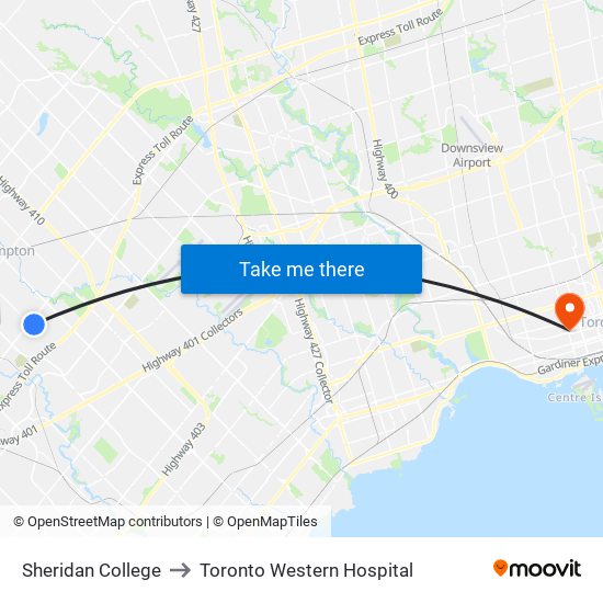 Sheridan College to Toronto Western Hospital map