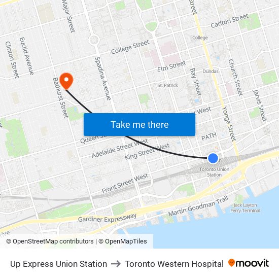 Up Express Union Station to Toronto Western Hospital map