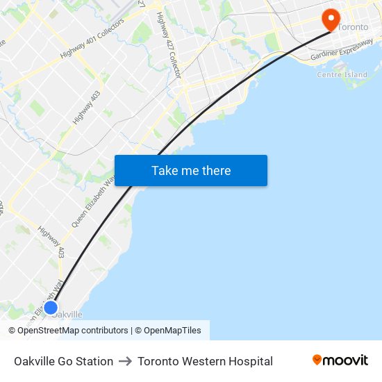 Oakville Go Station to Toronto Western Hospital map