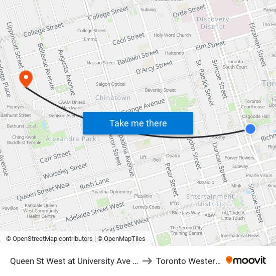 Queen St West at University Ave - Osgoode Station to Toronto Western Hospital map