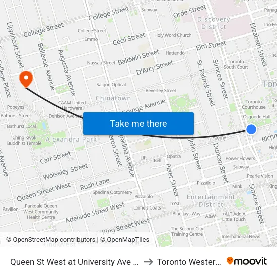 Queen St West at University Ave - Osgoode Station to Toronto Western Hospital map