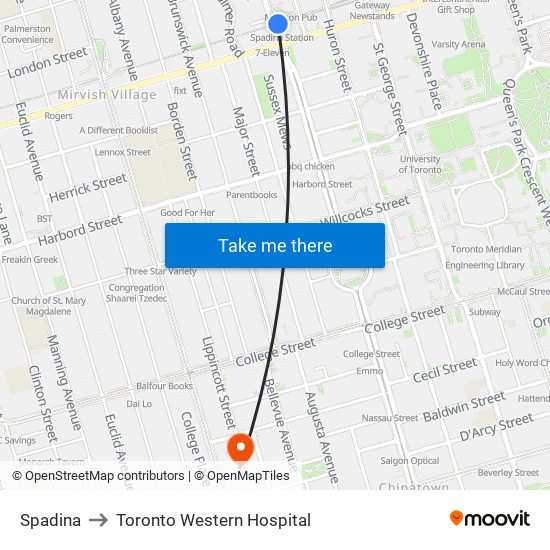 Spadina to Toronto Western Hospital map