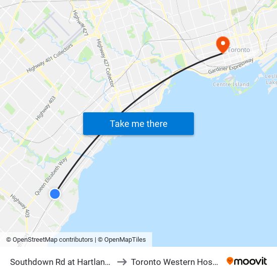 Southdown Rd at Hartland Dr to Toronto Western Hospital map