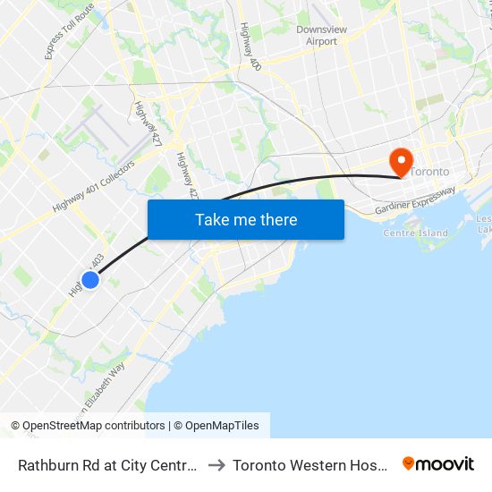 Rathburn Rd at City Centre Dr to Toronto Western Hospital map