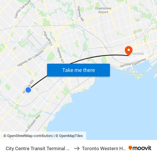 City Centre Transit Terminal Platform J to Toronto Western Hospital map