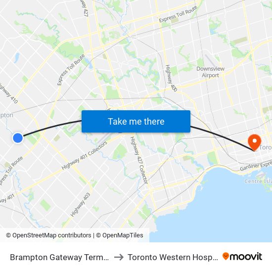 Brampton Gateway Terminal to Toronto Western Hospital map