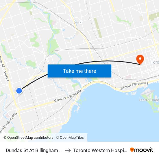 Dundas St At Billingham Rd to Toronto Western Hospital map