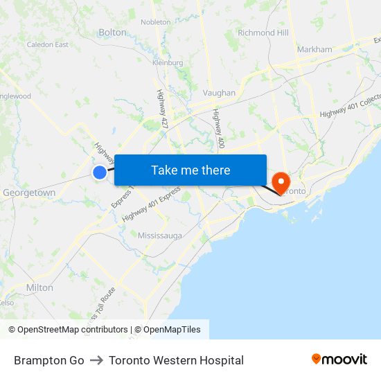 Brampton Go to Toronto Western Hospital map