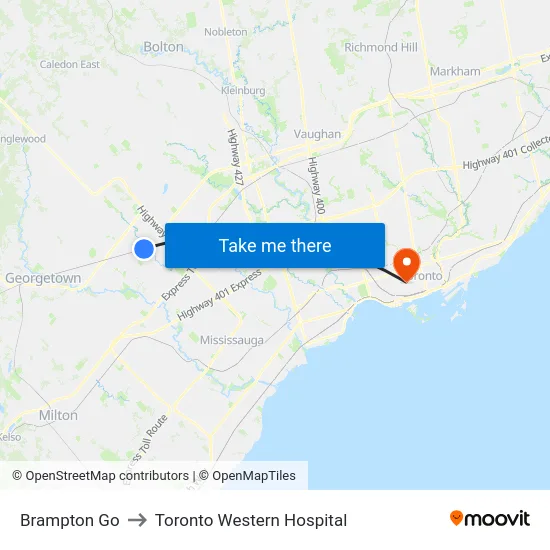 Brampton Go to Toronto Western Hospital map