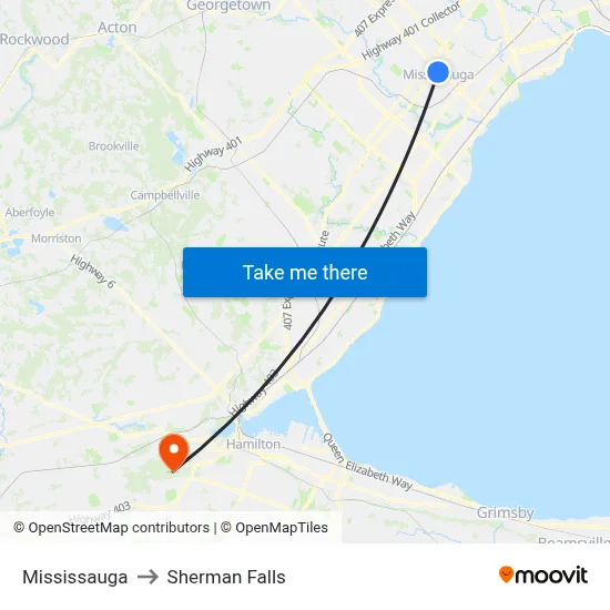 Mississauga to Sherman Falls map