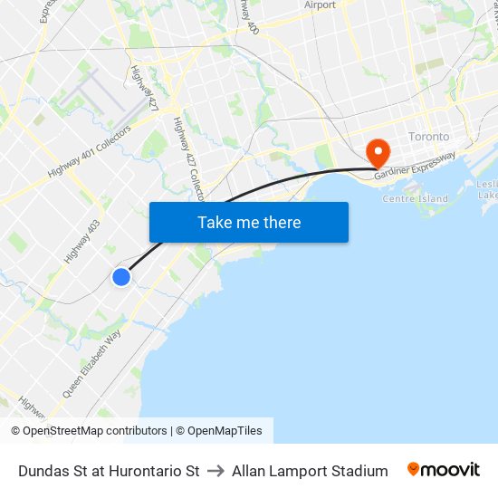 Dundas St at Hurontario St to Allan Lamport Stadium map