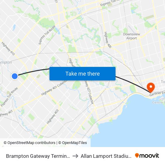 Brampton Gateway Terminal to Allan Lamport Stadium map