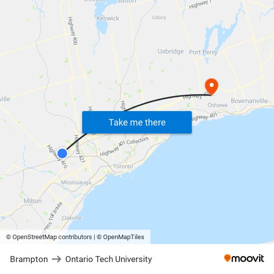 Brampton to Ontario Tech University map