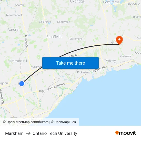 Markham to Ontario Tech University map