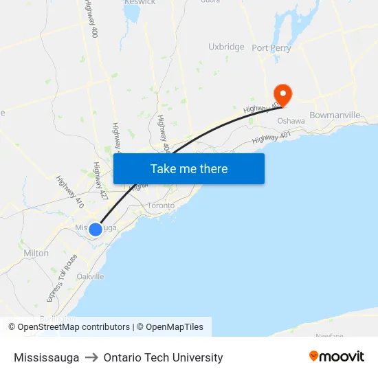 Mississauga to Ontario Tech University map