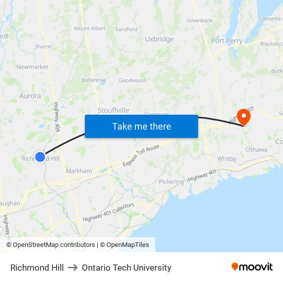 Richmond Hill to Ontario Tech University map
