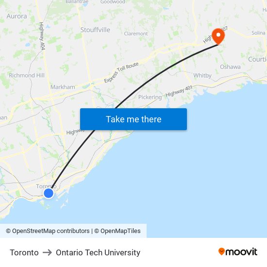 Toronto to Ontario Tech University map