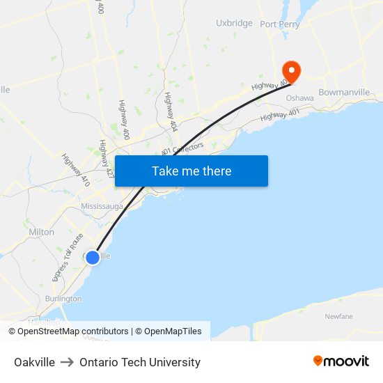 Oakville to Ontario Tech University map