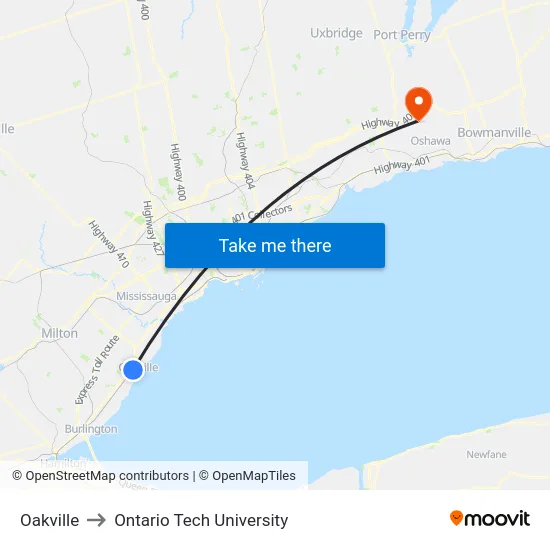 Oakville to Ontario Tech University map