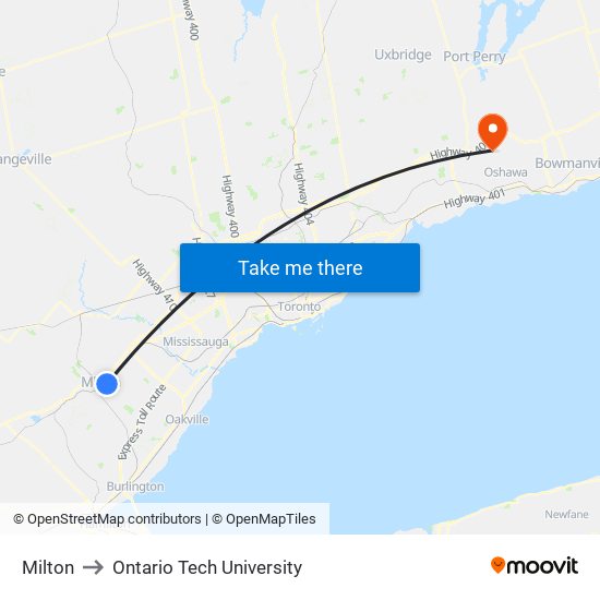 Milton to Ontario Tech University map