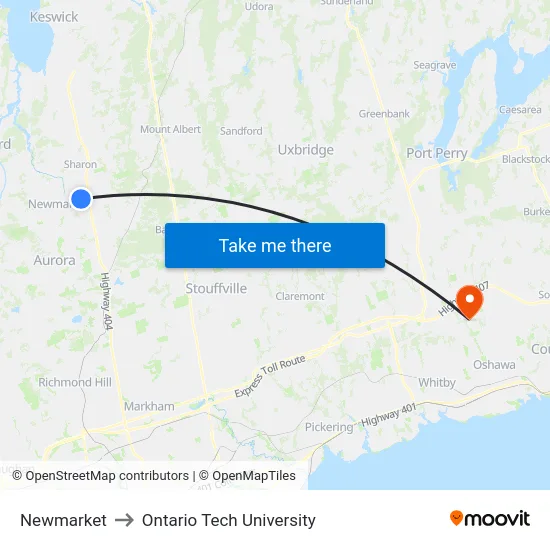 Newmarket to Ontario Tech University map