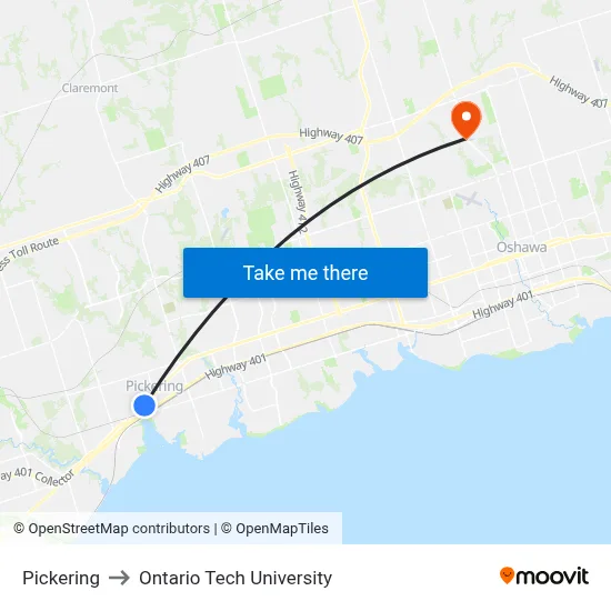 Pickering to Ontario Tech University map