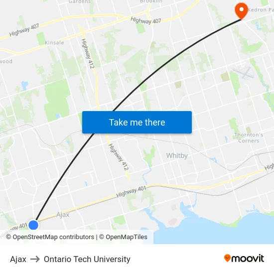 Ajax to Ontario Tech University map