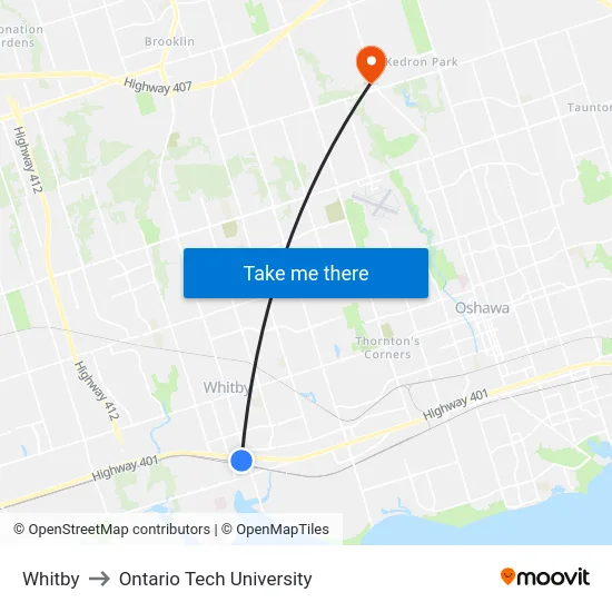 Whitby to Ontario Tech University map
