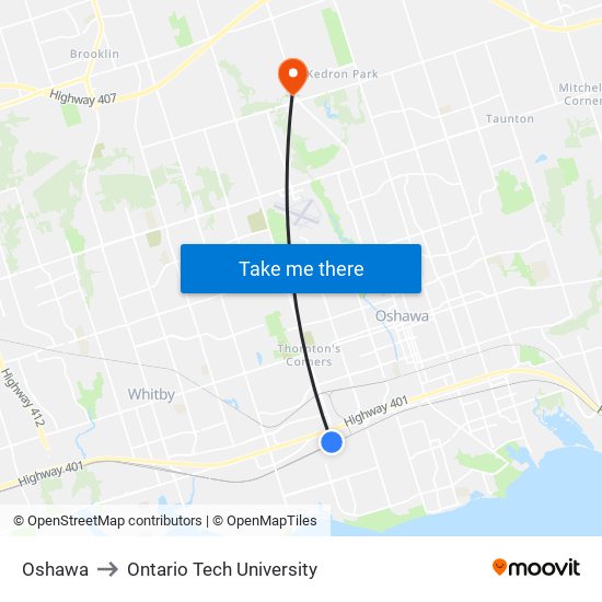 Oshawa to Ontario Tech University map