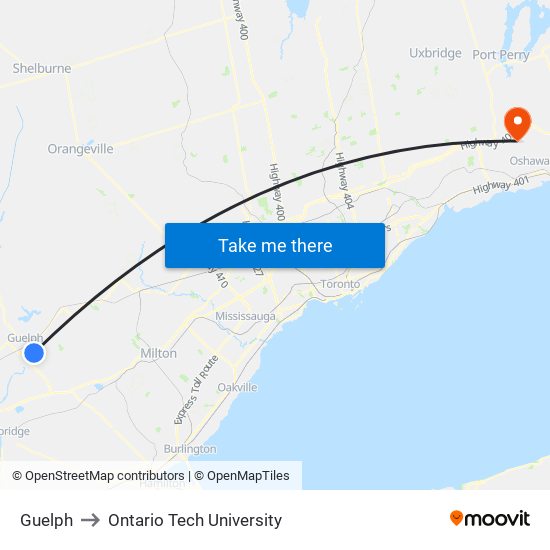 Guelph to Ontario Tech University map