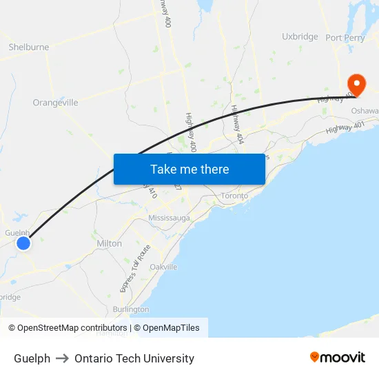 Guelph to Ontario Tech University map