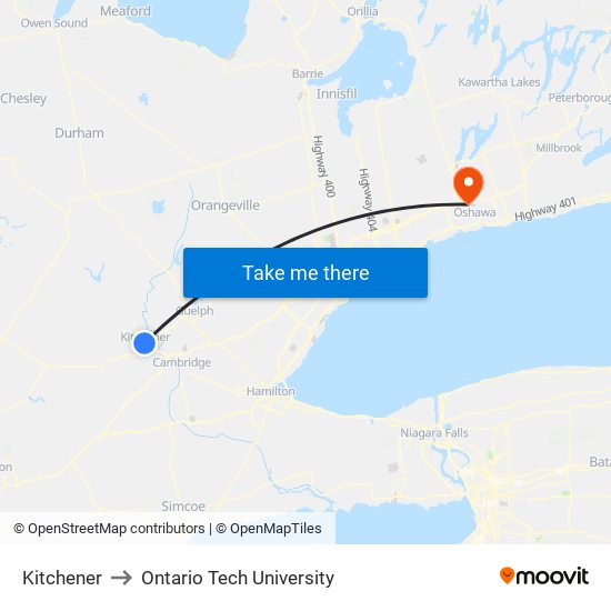 Kitchener to Ontario Tech University map