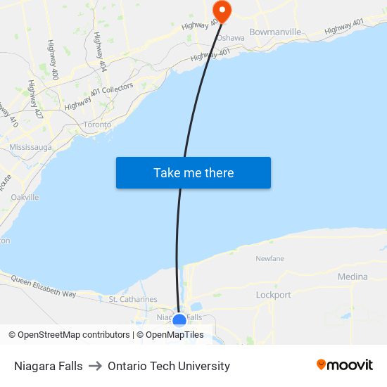 Niagara Falls to Ontario Tech University map