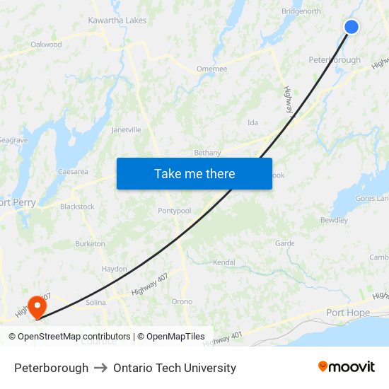 Peterborough to Ontario Tech University map