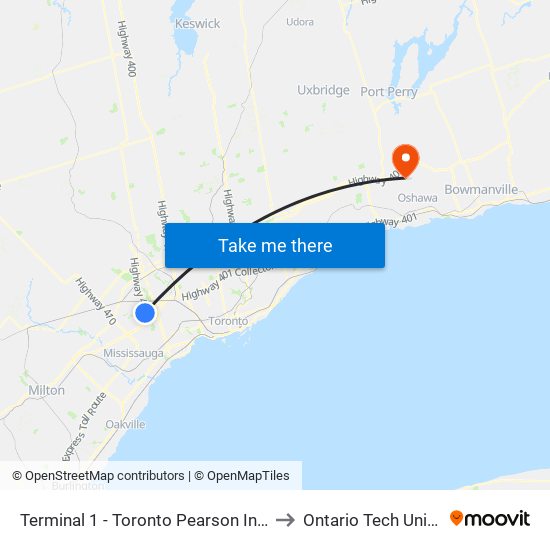 Terminal 1 - Toronto Pearson Int'L Airport to Ontario Tech University map