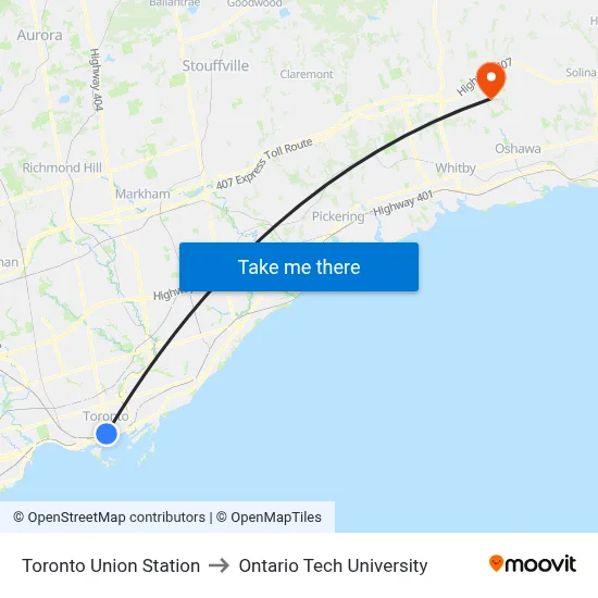 Toronto Union Station to Ontario Tech University map