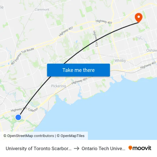 University of Toronto Scarborough to Ontario Tech University map
