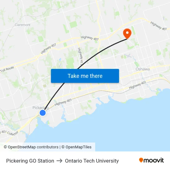 Pickering GO Station to Ontario Tech University map