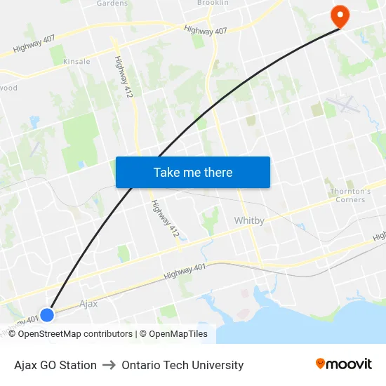 Ajax GO Station to Ontario Tech University map