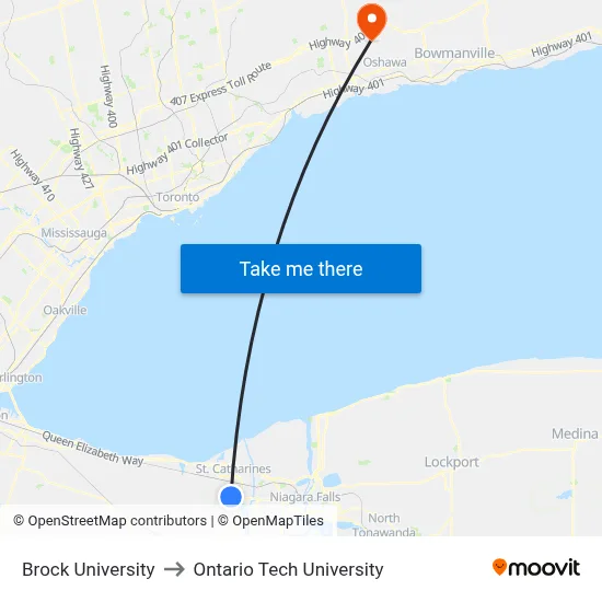 Brock University to Ontario Tech University map