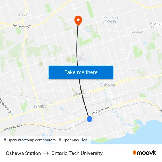 Oshawa Station to Ontario Tech University map