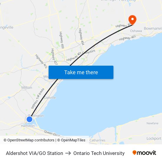 Aldershot VIA/GO Station to Ontario Tech University map