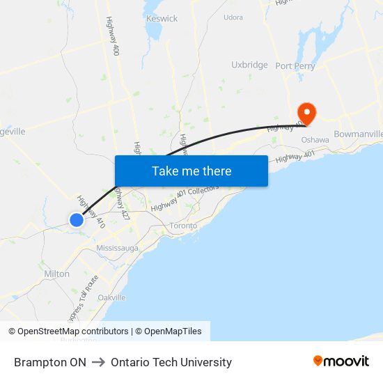 Brampton ON to Ontario Tech University map