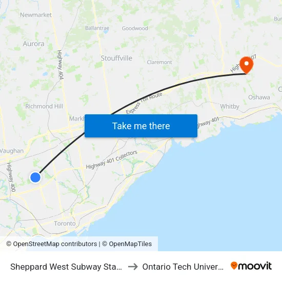 Sheppard West Subway Station to Ontario Tech University map